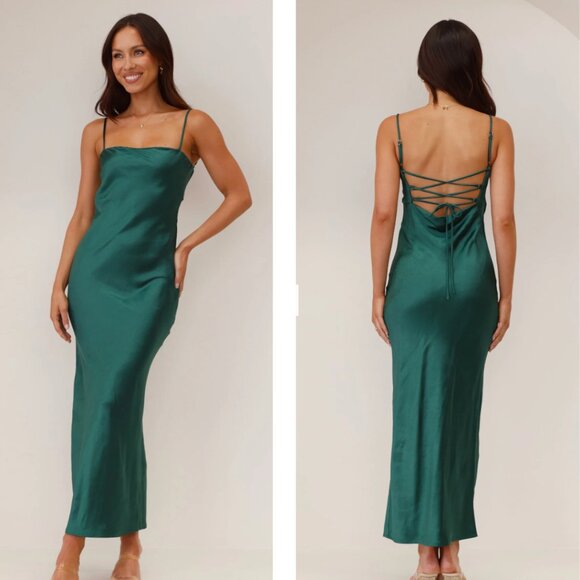 BILLY J Keira Midi Dress Emerald Green Satin | Size 6 - Picture 7 of 7